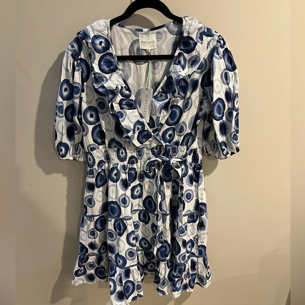 NWOT Marigold Blue and White Patterned Wrap Dress - Picture 3 of 10